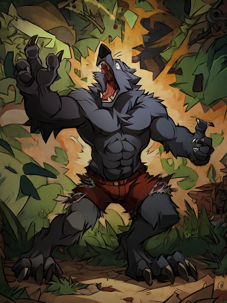 Solo male, crow, by kuma, shocked, in pain, screaming, abs, torn shorts, claws, digitigrade