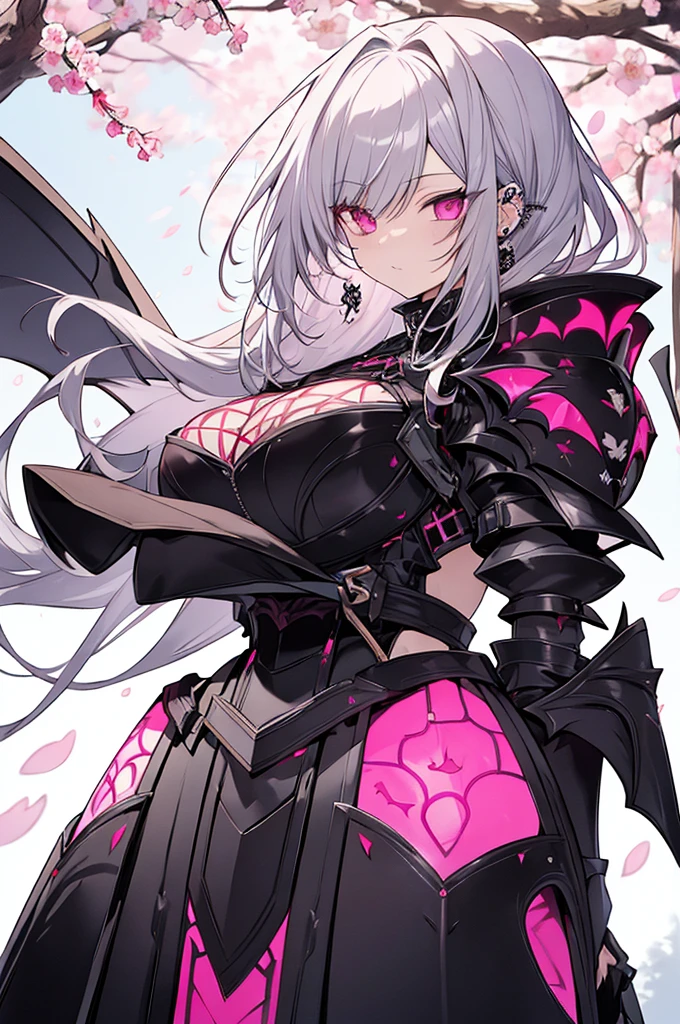 vampire、The most beautiful gothic warrior princess, Gray Hair, Pink Eyes, Detailed black combat armor, Tattoos and Piercings, Huge , cherry blossoms blown by the wind, high quality, High resolution