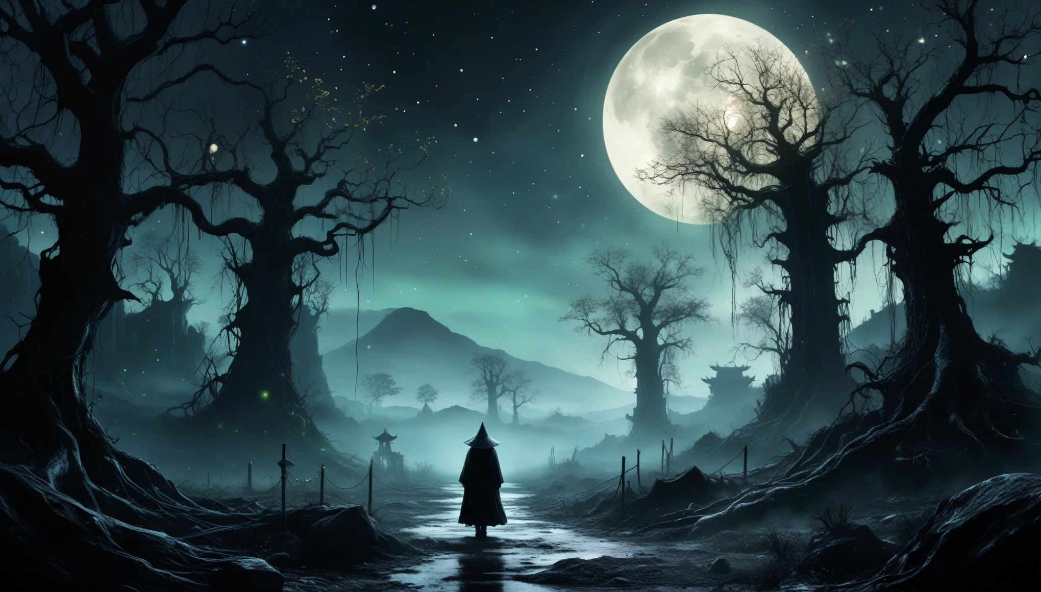 fallout world,after nuclear world war,devil theme,dark horror theme,by Stephen King,dark fantasy,ink and watercolor painting, black and white color,ominous landscapes,A large number of stars fly towards the viewer,ruined village,lots of flying star dust,full body length,Quartz Lepidolite fairy in national dress,pretty face,full body shot,ominous landscape,Fluorite chrysocolla atmosphere,by art Simon Stalenhag,Nicola Samori,Wangechi Mutu,prime colors,extremely detailed,masterpiece,intricate details,eyes extremely detailed, high detailed eyes,4k resolution,RAW, Nikon Z9,scary town,full body length,evil ghost, Winnie-the-Pooh Iridescent,intricate details,Stone Forest in Yunnan Province of China,ultra-detailed,dark and eerie atmosphere, ethereal presence, hauntingly beautiful, ghostly figures, swirling mists, supernatural entities, demonic essence, shadowy forms, eerie whispers, sinister aura, hauntingly pale skin, dark and twisted branches, flickering candlelight, macabre elements, mysterious and enigmatic, spectral apparitions, gothic art style, hauntingly captivating, spectral realm, hauntingly melancholic, otherworldly beauty, ethereal glow, hauntingly haunting, chilling and atmospheric, eerie and ominous lighting.Female tree man，Impresionismo，starlight color，Ethereal atmosphere，otherworldly charm，Mystic aura，Glowing flowers，floating petal，majestic vines，Glowing Leaves，with a calm expression，Complicated details，Exquisite feature，Surreal atmosphere，Amazing Cleavage，Sublime art，vibrant tones，captivating creation,, nuclear wasteland, plants regaining territory, desolation, eerie atmosphere, (dark and moody:1.4), (loneliness:1.ost-apocalyptic:1.2)
