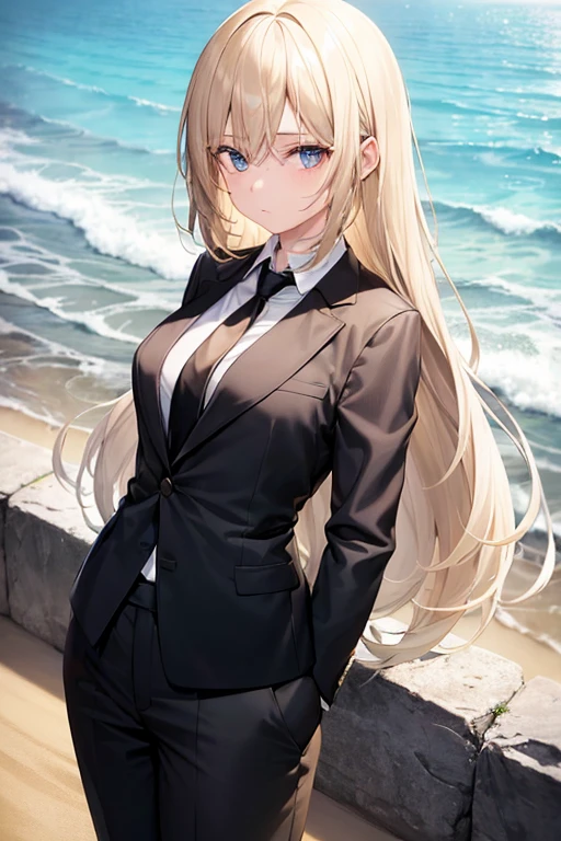 1girl, suit, black pants, black blazer, black necktie, white shirt, collared shirt, long hair, yellow hair, blue eyes, ager, looking at viewer, beach background, sweating, summer, cowboy shot