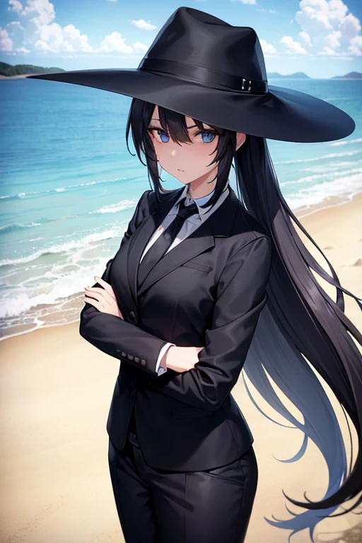 1girl, suit, black pants, black blazer, black necktie, white shirt, collared shirt, long hair, yellow hair, blue eyes, ager, looking at viewer, beach background, sweating, summer, cowboy shot
