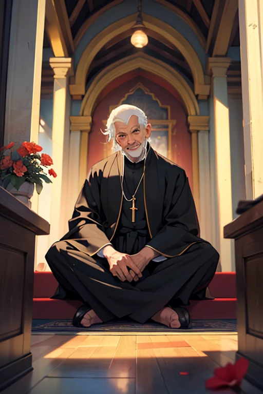An old monk,Sitting cross-legged in the temple hall,Wearing cassock,Pick up a flower with your left hand,There is a smile at the corner of his mouth