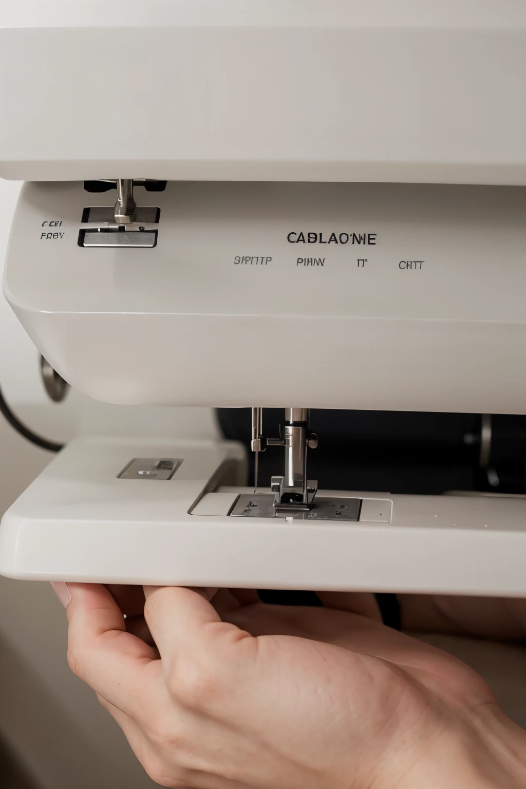 macro image of a minimalist white sewing machine in horizontal orientation