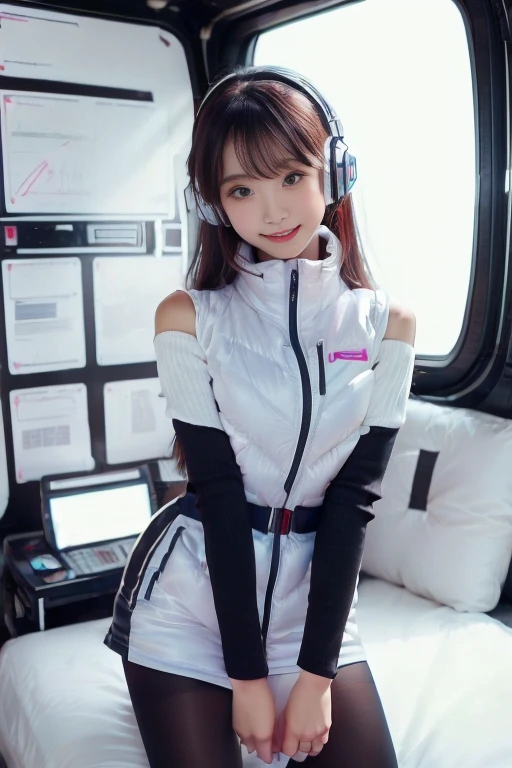 ((NSFW: 1.4)), ((Detailed face, Professional photography)), ((NSFW, zettai ryouiki, 1 girl)), Ultra-high resolution, (Realistic: 1.4), RAW Photos, highest quality, (PhotoRealistic Stick), concentrated, Soft Light, ((30 years old)), ((Japanese)), (( (Young Face))), (surface), (Depth of written boundary), masterpiece, (Realistic),(inside ISS):3, woman, ,astrovest:2,headphone:2,smartwatch,,bangs, ((1 girl)),(black sleeves):2,(black tights):2,inside spacestation,inside spacecraft,,zero gravity,smile,open leg,blush:1.5,hidden hands,neotech
