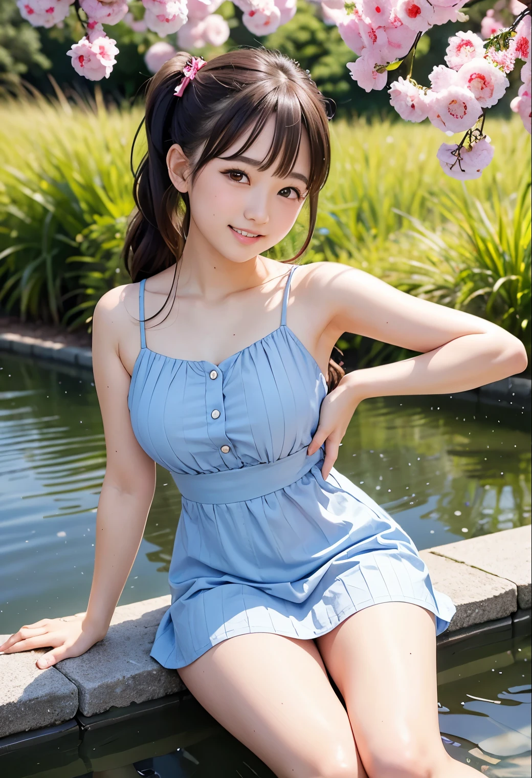(highest quality,masterpiece:1.3,Ultra-high resolution),(Very detailed、Caustics) (Photorealistic:1.4, RAW shooting)、Ultra-realistic photos、very detailed、Natural skin texture、masterpiece、(Light blue summer dress:1.3)、1 Japanese girl、Adorable expression、Expressions of Happiness、14 years old、Young face、Amazingly cute、Twin tails、Black Hair、curly hair、ribbon、light makeup、Big breasts that look like they're about to burst、Bare arms、This photo was taken in a private garden overlooking a pond.、Shining thighs、Smile、Lift one arm above your head、Junior high school student's favorite pose、Don't show your teeth、An inviting gaze、The exact number of fingers on both hands、