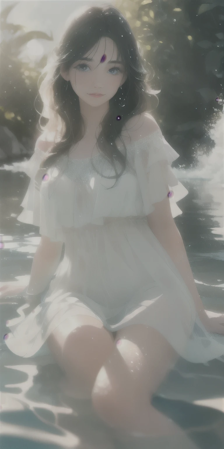 (best quality,4k,8k,highres,masterpiece:1.2),ultra-detailed,(realistic,photorealistic,photo-realistic:1.37),dark-haired college girl,beautiful detailed eyes,beautiful detailed lips,extremely detailed eyes and face,long eyelashes,swimming,white top and trunks,water droplets on her skin,splashing water,refreshing blue water,reflection of sunlight on the water,shimmering waves,glistening wet hair,relaxed and confident expression,cool underwater lighting,subtle shadows and highlights,soft and diffused sunlight,contrast between light and dark,semi-transparent white fabric clinging to her body,elegant and natural curves of her body,slight movement in her pose,dynamic composition,clear blue sky,serene and peaceful atmosphere,impressionistic style,soft and pastel colors,subtle brush strokes,romantic and dreamy ambiance,calm and tranquil mood