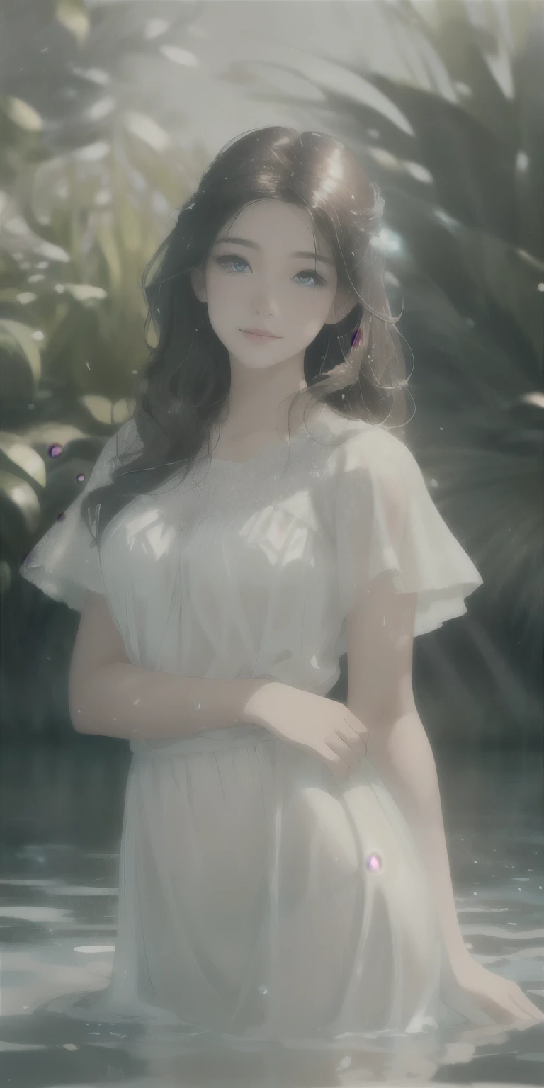 (best quality,4k,8k,highres,masterpiece:1.2),ultra-detailed,(realistic,photorealistic,photo-realistic:1.37),dark-haired college girl,beautiful detailed eyes,beautiful detailed lips,extremely detailed eyes and face,long eyelashes,swimming,white top and trunks,water droplets on her skin,splashing water,refreshing blue water,reflection of sunlight on the water,shimmering waves,glistening wet hair,relaxed and confident expression,cool underwater lighting,subtle shadows and highlights,soft and diffused sunlight,contrast between light and dark,semi-transparent white fabric clinging to her body,elegant and natural curves of her body,slight movement in her pose,dynamic composition,clear blue sky,serene and peaceful atmosphere,impressionistic style,soft and pastel colors,subtle brush strokes,romantic and dreamy ambiance,calm and tranquil mood