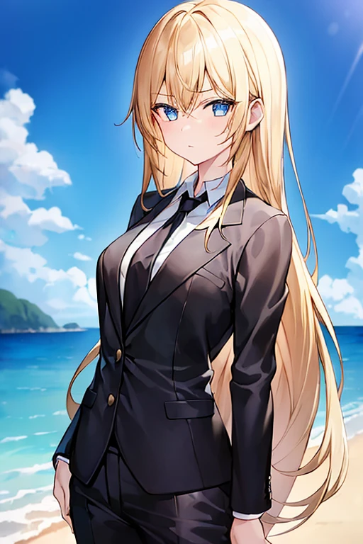 1girl, suit, black pants, black blazer, black necktie, white shirt, collared shirt, long hair, yellow hair, blue eyes, ager, looking at viewer, beach background, sweating, summer, cowboy shot