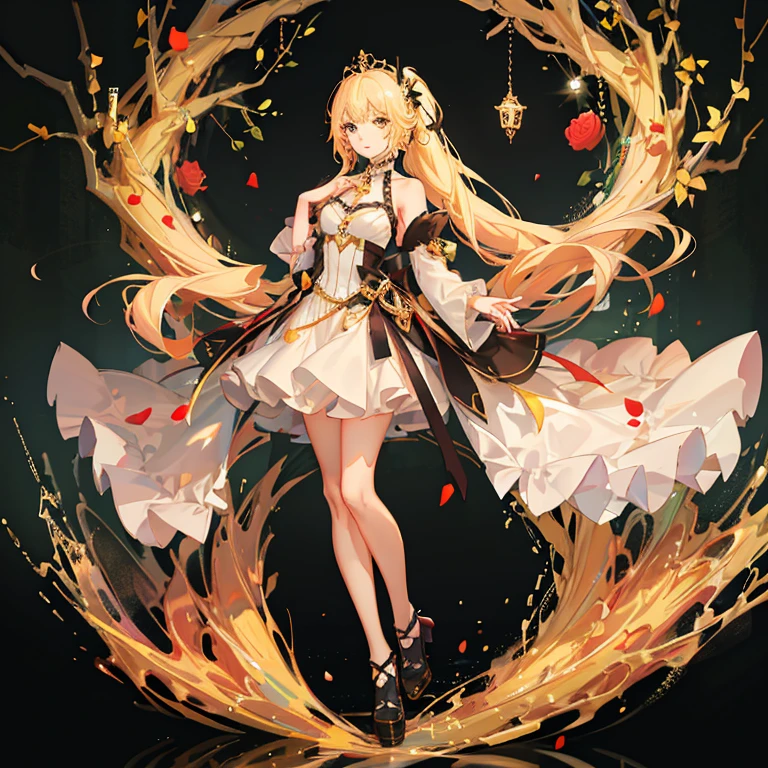 Masterpiece, high quality, anime, 1girl, full body shots, golden yellow hair, 2extra long ponytail, princess, white long dress, peaceful emotion, full moon background, roses background, nighttime background