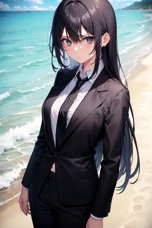1girl, suit, black pants, black blazer, black necktie, white shirt, collared shirt, long hair, yellow hair, blue eyes, ager, looking at viewer, beach background, sweating, summer, cowboy shot