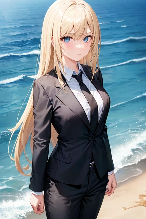 1girl, suit, black pants, black blazer, black necktie, white shirt, collared shirt, long hair, yellow hair, blue eyes, ager, looking at viewer, beach background, sweating, summer, cowboy shot