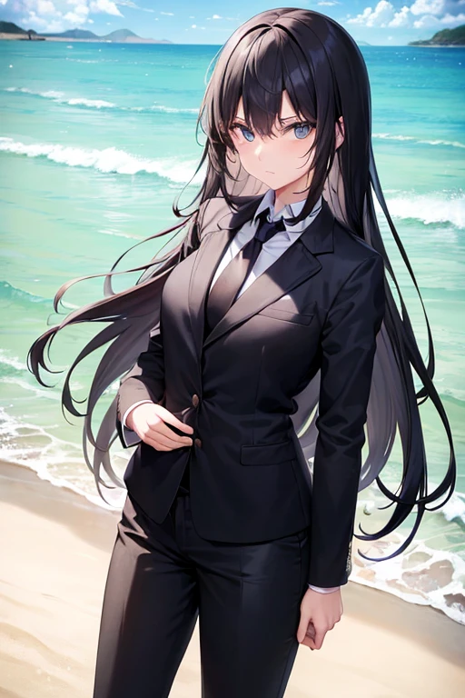 1girl, suit, black pants, black blazer, black necktie, white shirt, collared shirt, long hair, yellow hair, blue eyes, teenager, looking at viewer, beach background, sweating, summer, cowboy shot