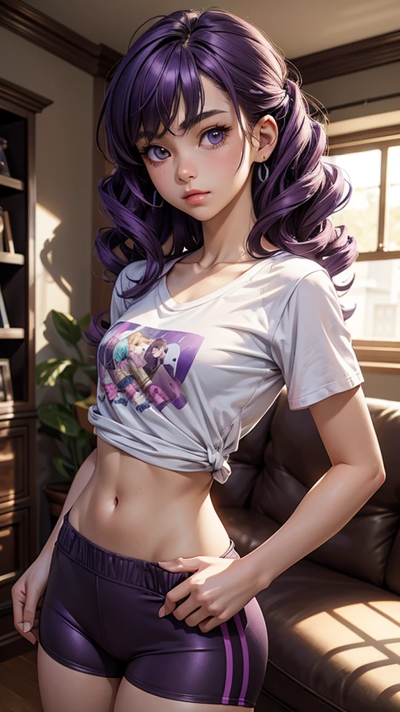 (masterpiece), (best quality), (detailed), light layer, 1solo girl, young girl, perfect body, purple hair in curls, defined large chest, small waist,defined collarbone, ultra realistic, photorealistic, detailed, ,Enhance, wearing a anime shirt and bike shorts, living room background, hands on hips, back turned, looking over shoulder 