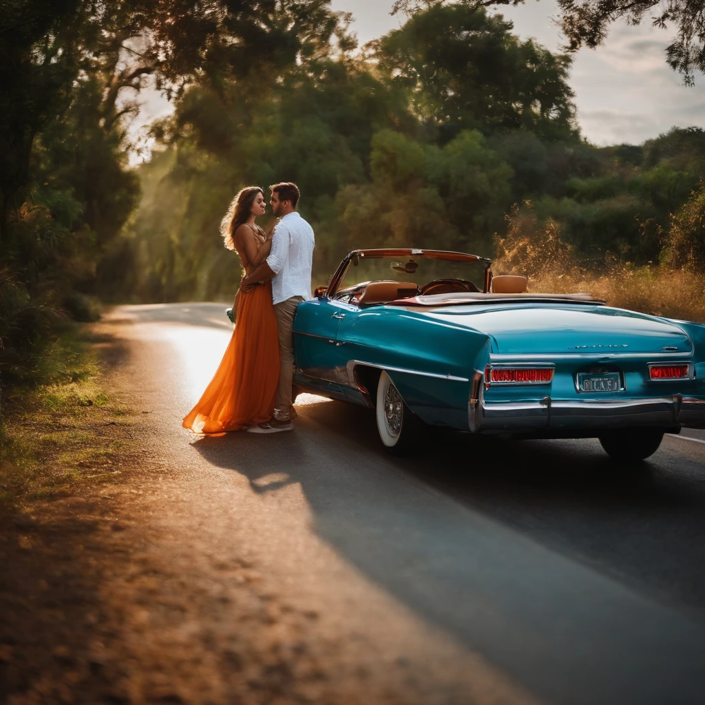 Handsome real man with beautiful real women standing with the car in a serene evening scene with a beautiful sunset in nature."