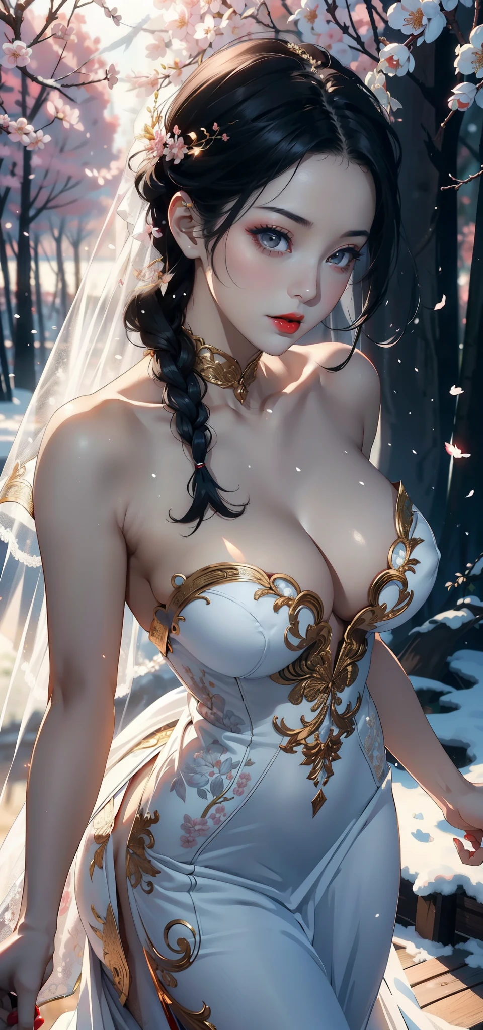 1 female，35 years old，Slim，Very large ，Big breasts and thin waist，Long legs， Solitary，（background：，Cherry blossom forest，Rainforest）running， She has short black hair，Front view， twisted braid cloudy sky，（（（masterpiece），（Very detailed CG unified 8K wallpaper），best quality，Light，详细background，Beautiful and delicate eyes，Smart pupils，black eyes，Snow-white skin，Red lips（very delicate and beautiful），（Beautiful and detailed description of the eyes），Ultra Detailed，masterpiece，））Facing the camera，high resolution，Ultra Detailed），nude，bride，Wear the futuristic lace wedding dress，Red color scheme，Gold silk cheongsam