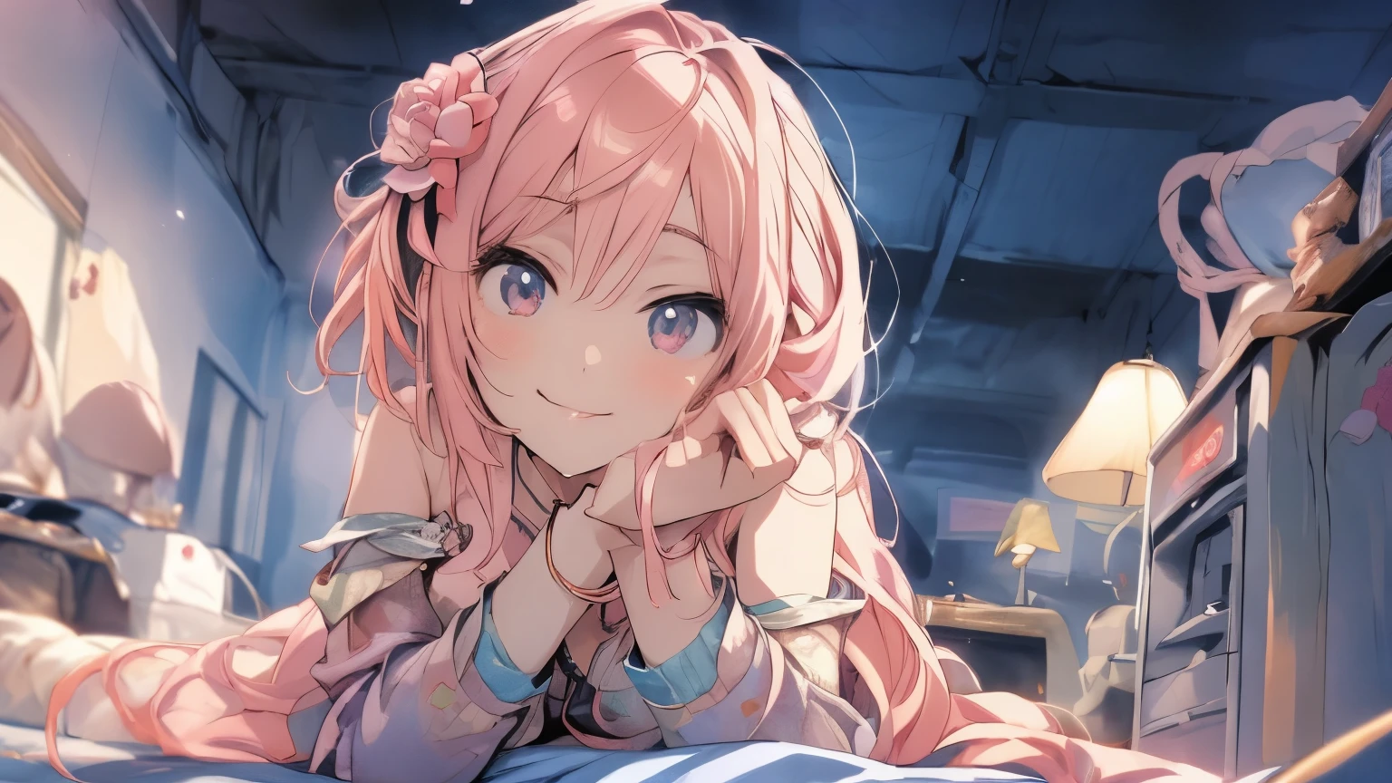 ((muste piece)), ((best quality)), (Super detailed), anime style etc.,peeing on the bed, pretty girl, 1 girl, solo, ((beautiful eyes)), shy smile,pajama00, 