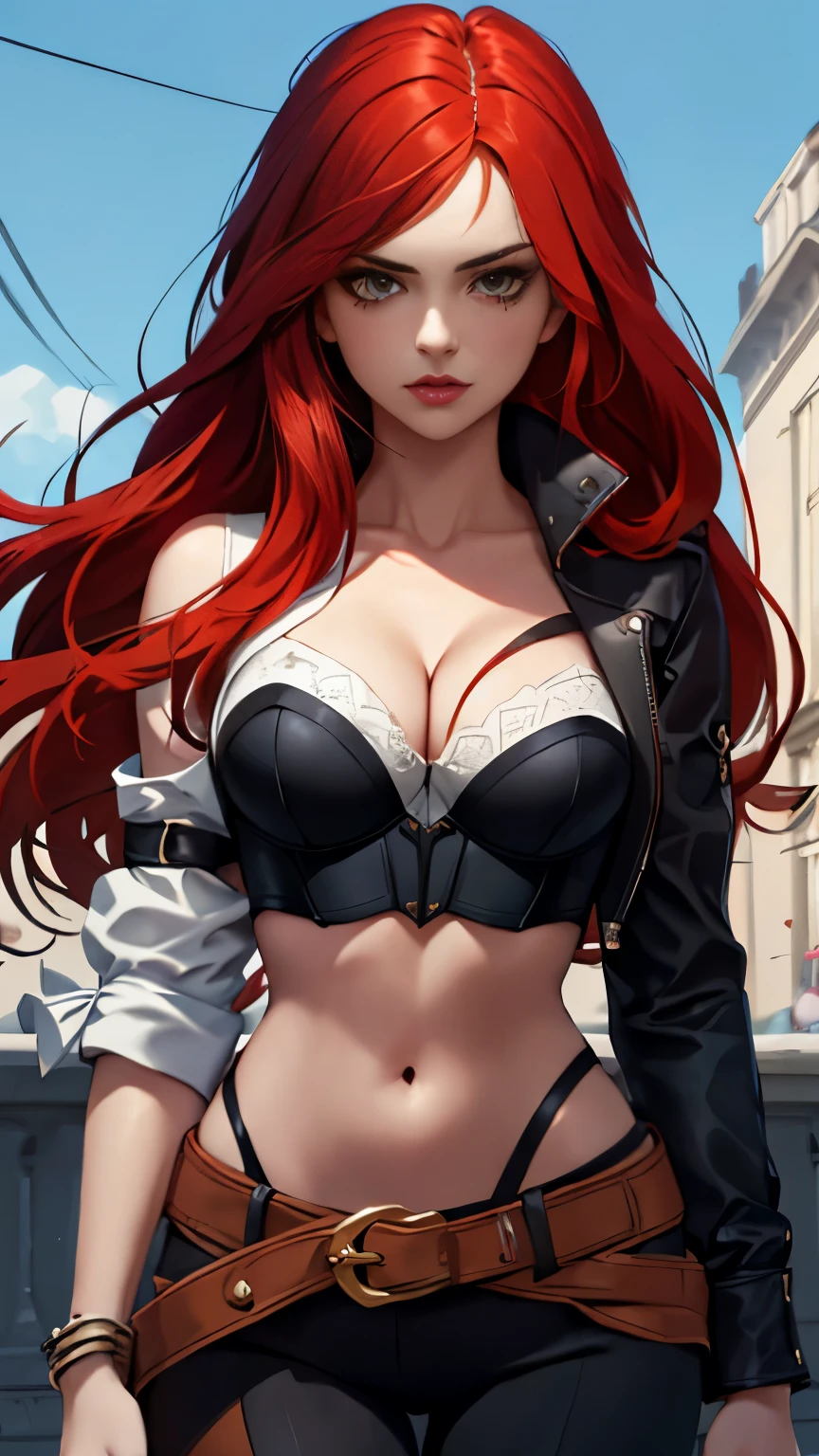 (Masterpiece, highly detailed, highly quality,  highly resolutions), beautiful, miss fortune, SplitScreen, split screen, 1girl, pants, black corset, midriff, bare shoulders, white blouse, orange hair, navel, looking at the viewer, Katarina, SplitScreen, split screen, 1girl, tattoo, cropped jacket, cleavage, bustier, midriff, belt, red hair, navel looking at the viewer