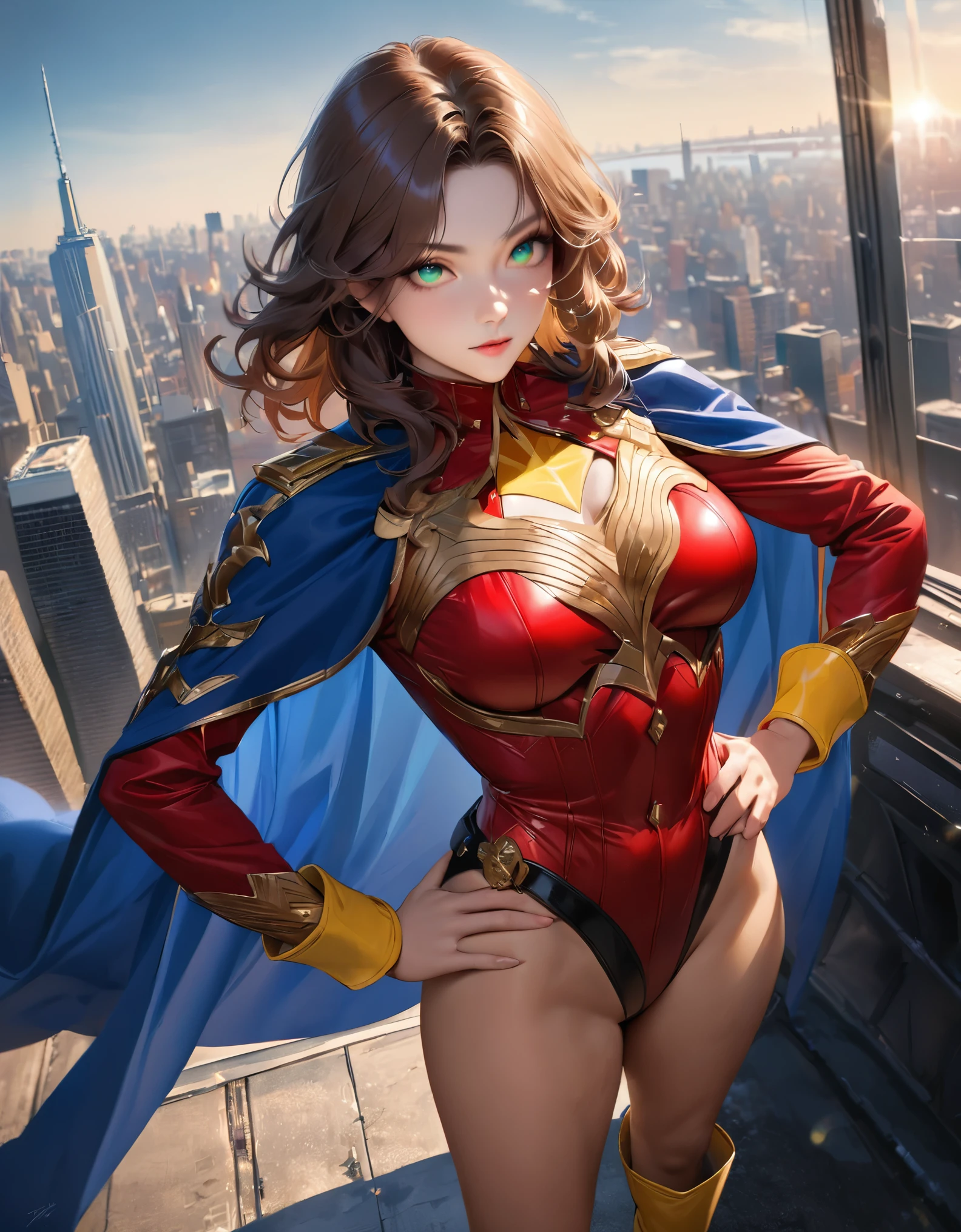 ((best quality)), ((masterpiece)), ((ultra realistic)), (dynamic heroic pose), solo, solo focus, american lady, beautiful detailed face, detailed eyes, sexy superhero, ((dressed in a red leotard with blue accents)), new york city backdrop, highly detailed, professional, bare legs, full body), hands on hip, standing, ((brown hair, medium hair)), green eyes, matching boots, yellow boots, ((long sleeves, yellow cuffs)), yellow hawk-shaped crest on chest, ((blue cape)), cowboy shot, fastened tight gold belt, (perfect hands), full body with costume.
