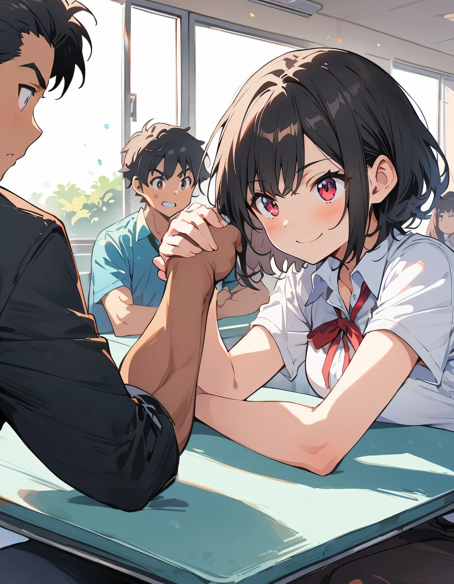 1 girl、(Black Hair、short hair:1.2)、(high school student、uniform)、(Playing arm wrestling with friends:1.3)、brave look、School classroom、(highest quality、masterpiece、High resolution、detailed)anime style、flat style、(Shining Eyes、Beautiful Face), BREAK,anime