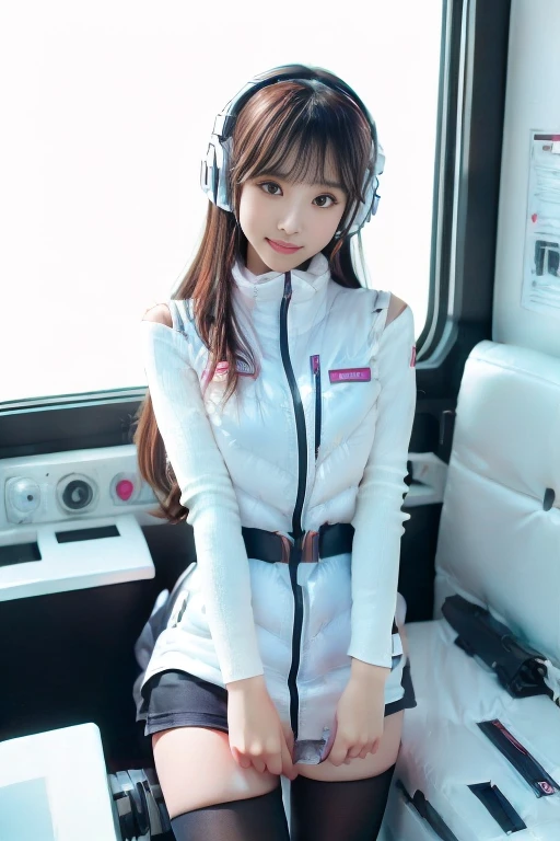 ((NSFW: 1.4)), ((Detailed face, Professional photography)), ((NSFW, zettai ryouiki, 1 girl)), Ultra-high resolution, (Realistic: 1.4), RAW Photos, highest quality, (PhotoRealistic Stick), concentrated, Soft Light, ((30 years old)), ((Japanese)), (( (Young Face))), (surface), (Depth of written boundary), masterpiece, (Realistic),(inside ISS):3, woman, ,astrovest:2,headphone:2,smartwatch,,bangs, ((1 girl)),(black sleeves):2,(black tights):2,inside spacestation,inside spacecraft,,zero gravity,smile,open leg,blush:1.5,hidden hands,neotech