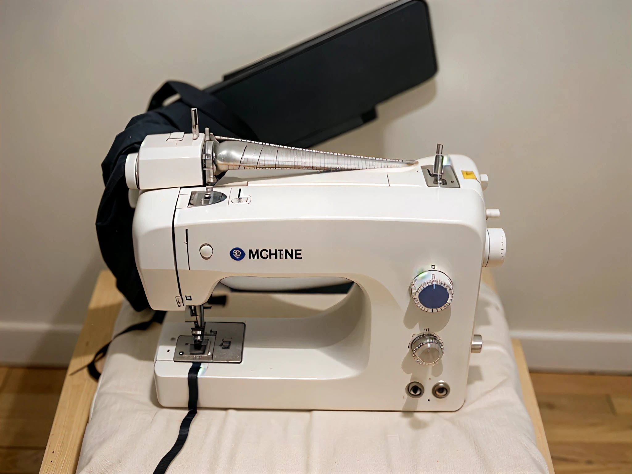 ultra close up photo of a minimalist white sewing machine in horizontal orientation