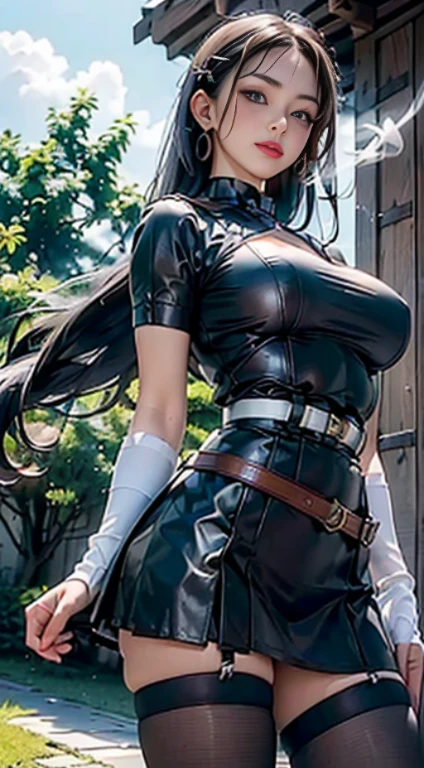 22 years old, (milf:0.8), (solo:1.5), (sfw:1.25), cute breast, beautiful breasts, medium tits,black suspenders,(Bulging ,big breasts:1.1),(Black miniskirt:1.3),garters,Gaze,Small face,bangss,holster,Belt Armament,Beautuful Women, thin waist, big ass:1.0, Raised sexy, (dark green mediumlong hair,side ponytail,hair between eyes,bangs, dark blue eyes, light smile, big , Revimpling fabric, earrings, Hand gloves, detailed face,(smoking:1.3),detailed and beautiful eyes,beautiful detailed lips,Rolling her eyes,manner,(ultra high resolution, 8K RAW photo, photo realistics, thin outline:1.3, clear focus), best qualtiy, natural lighting, textile shading, field depth (Bright pupils, fine detailed beautiful eyes with highlight:1.3, high detailed face), Red lip, fine realistic skins:1.1, looking down viewers:1.3, (dynamic angle:1.3, front view:1.1, breast focus:1.3, from below:1.2), (dynamic posing:1.5, sexy posing:1.2, leaning forward),Youghal, side lock, hair ornaments, hair band,nice,garden background,artistic rendering,Super detailed,(highest quality,4k,8K,High resolution,masterpiece:1.2),Bright colors,studio lighting ,in usa military base,