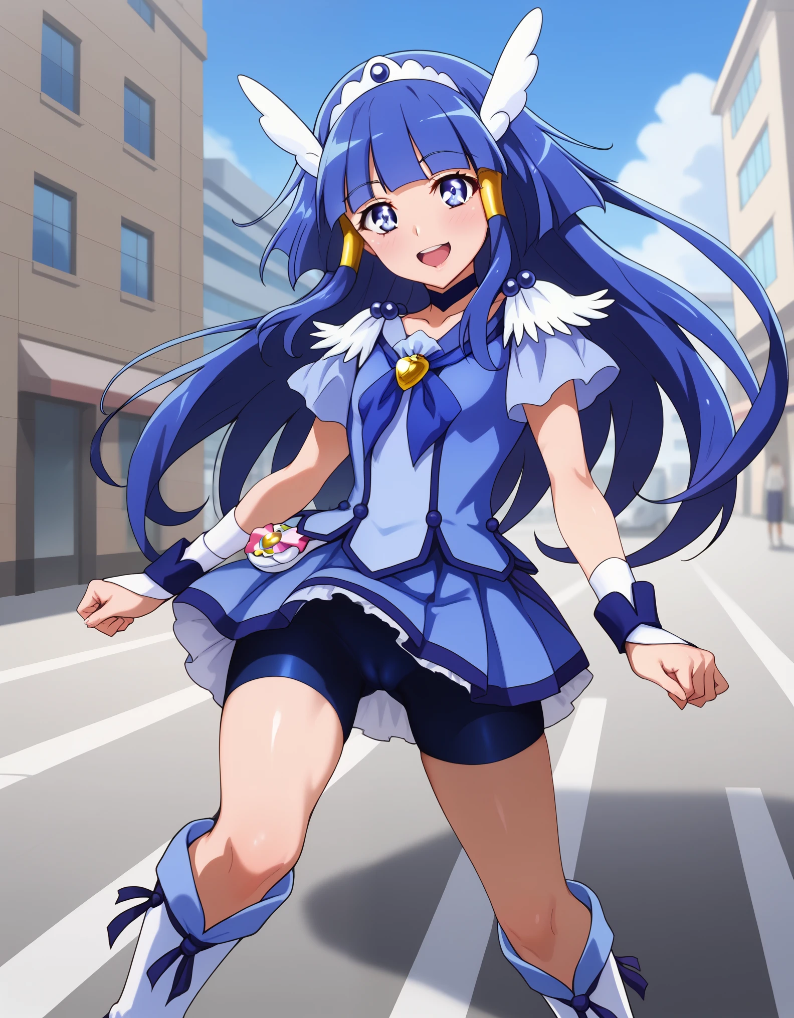 score_9, score_7_up, source_anime, beautiful detailed eyes, anime screencap, BREAK AR-CB, 1girl, blue eyes, (long hair:1.1), hair tube, sidelocks, blue hair, blunt bangs, hair ornament, head wings, tiara, blue choker, (blue neckerchief:1.1), blue shorts, blue skirt, bike shorts, shorts under skirt, blue wrist cuffs, knee boots, BREAK flat chest, smile, blush, open mouth, head tilt, cameltoe, pantyshot, wide stance, (sexy pose:1.1), BREAK wind lift, outdoor, city, street, building,