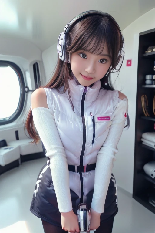 ((NSFW: 1.4)), ((Detailed face, Professional photography)), ((NSFW, zettai ryouiki, 1 girl)), Ultra-high resolution, (Realistic: 1.4), RAW Photos, highest quality, (PhotoRealistic Stick), concentrated, Soft Light, ((30 years old)), ((Japanese)), (( (Young Face))), (surface), (Depth of written boundary), masterpiece, (Realistic),(inside ISS):3, woman, ,astrovest:2,headphone:2,smartwatch,,bangs, ((1 girl)),(black sleeves):2,(black tights):2,inside spacestation,inside spacecraft,,zero gravity,smile,open leg,blush:1.5,hidden hands,neotech
