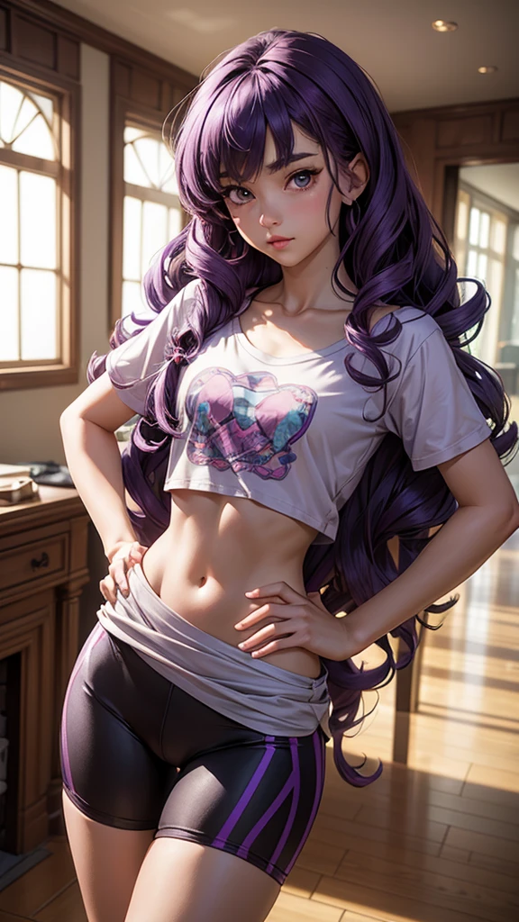 (masterpiece), (best quality), (detailed), light layer, 1solo girl, young girl, perfect body, purple hair in curls, defined large chest, small waist,defined collarbone, ultra realistic, photorealistic, detailed, ,Enhance, wearing a anime shirt and bike shorts, living room background, hands on hips, back view, looking over shoulder