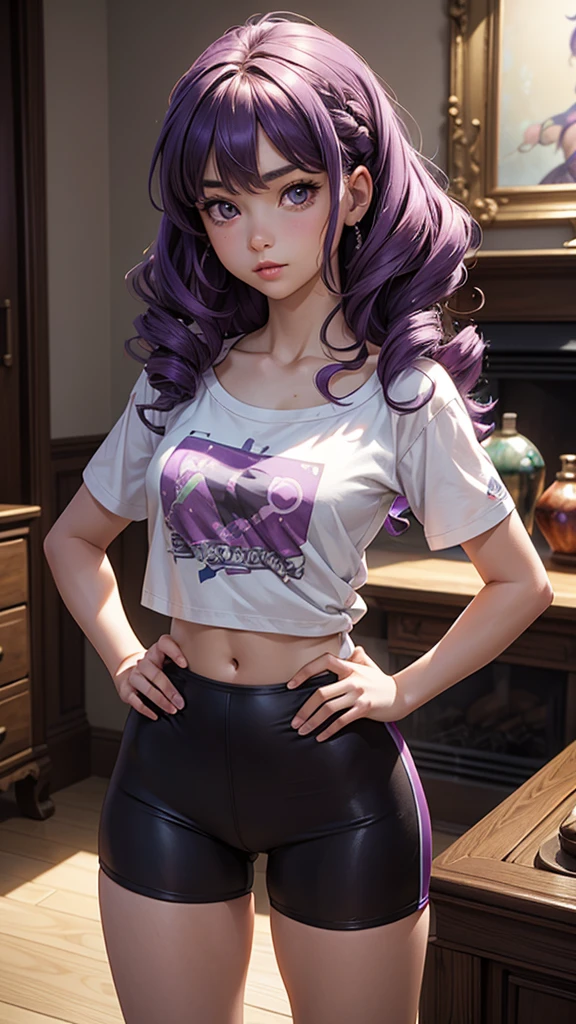 (masterpiece), (best quality), (detailed), light layer, 1solo girl, young girl, perfect body, purple hair in curls, defined large chest, small waist,defined collarbone, ultra realistic, photorealistic, detailed, ,Enhance, wearing a anime shirt and bike shorts, living room background, hands on hips, back view, looking over shoulder