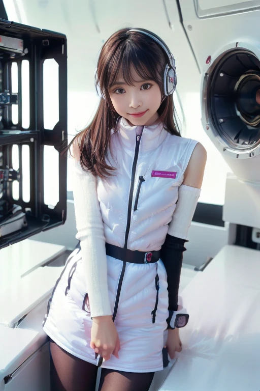 ((NSFW: 1.4)), ((Detailed face, Professional photography)), ((NSFW, zettai ryouiki, 1 girl)), Ultra-high resolution, (Realistic: 1.4), RAW Photos, highest quality, (PhotoRealistic Stick), concentrated, Soft Light, ((30 years old)), ((Japanese)), (( (Young Face))), (surface), (Depth of written boundary), masterpiece, (Realistic),(inside ISS):3, woman, ,astrovest:2,headphone:2,smartwatch,,bangs, ((1 girl)),(black sleeves):2,(black tights):2,inside spacestation,inside spacecraft,,zero gravity,smile,open leg,blush:1.5,hidden hands,neotech