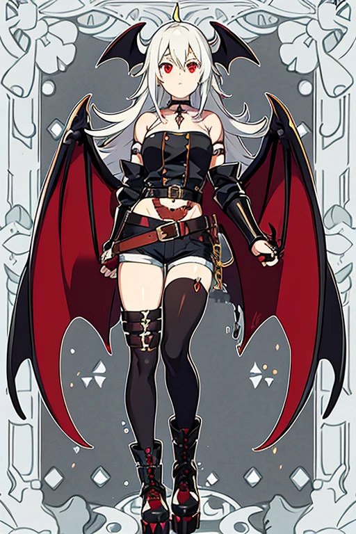 garota demonio de cabelo curto branco , wearing gothic clothes and platform boots, em estilo anime, make her have gray skin and red eyes, bat wings plus I want her to wear black denim shorts with a leather belt and chains attached to it. I also want her to wear a spiked choker and a leather jacket with a black top. I want her to have black steel gauntlets and be a little muscular