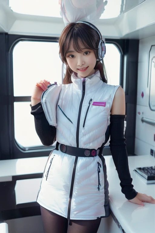 ((: 1.4)), ((Detailed face, Professional photography)), ((, zettai ryouiki, 1 girl)), Ultra-high resolution, (Realistic: 1.4), RAW Photos, highest quality, (PhotoRealistic Stick), concentrated, Soft Light, ((30 years old)), ((Japanese)), (( (Young Face))), (surface), (Depth of written boundary), masterpiece, (Realistic),(inside ISS):3, woman, ,astrovest:2,headphone:2,smartwatch,,bangs, ((1 girl)),(black sleeves):2,(black tights):2,inside spacestation,inside spacecraft,,zero gravity,smile,open leg,blush:1.5,hidden hands,neotech