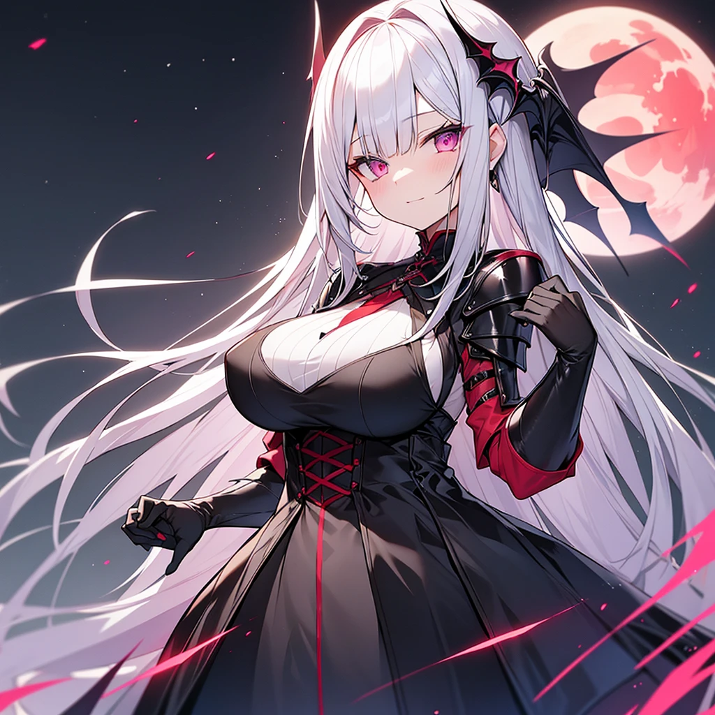 4K、Silver Hair、Slanted Eyes、Pink Eyes、fair skin、vampire、Black gothic armor、big breasts、Red Moon、high quality、High resolution