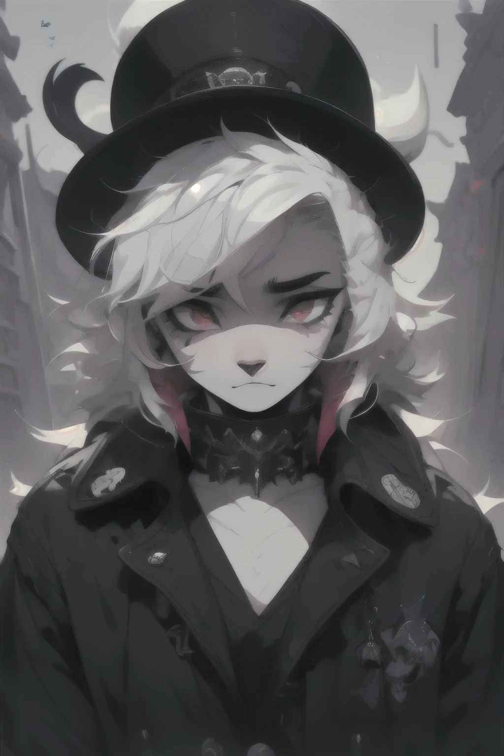 goth . white hair with black parts, a top hat on top of his head. orelhas de animal. olhos heterocramia, sardas, white and pale skin pain. orelhas de animal. roupa curtas e suja