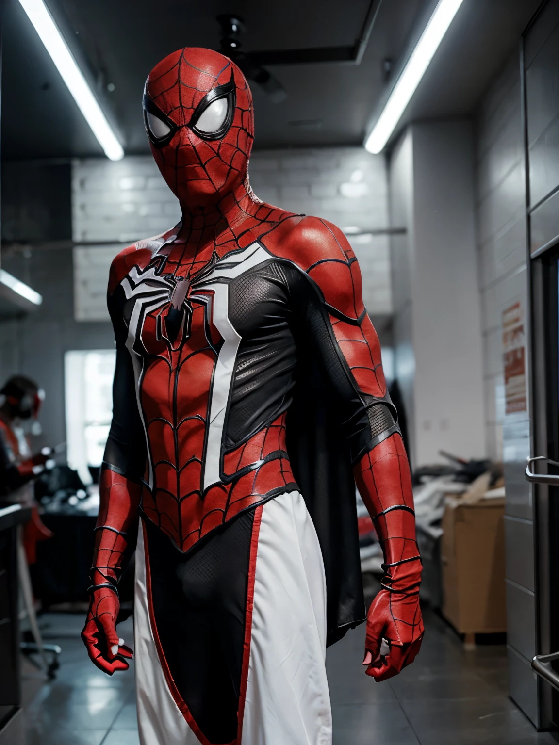 generate me a full-length Spider-Man costume in white and red colors 