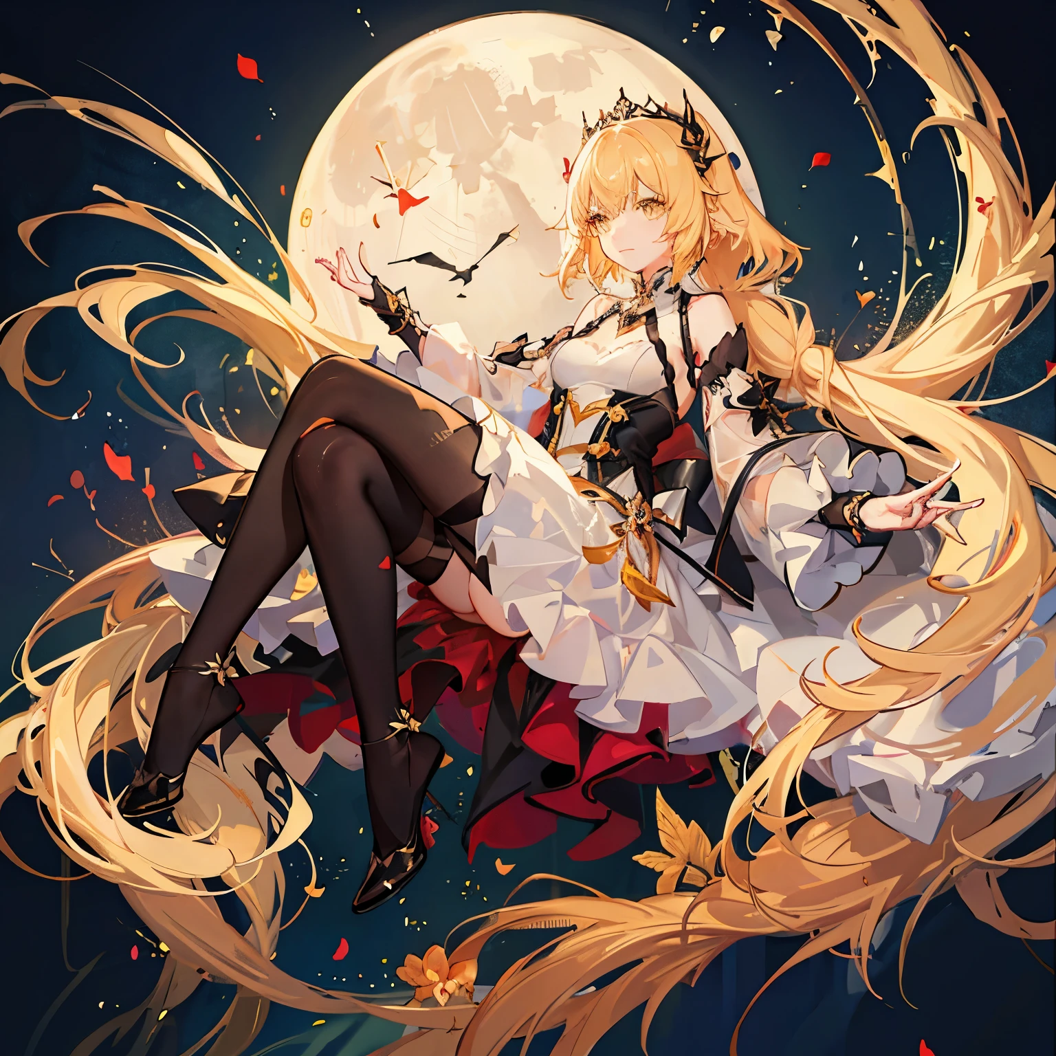 Masterpiece, high quality, anime, 1girl, full body shots, golden yellow hair, 2extra long ponytail, princess, white long dress, peaceful emotion, full moon background, roses background, nighttime background