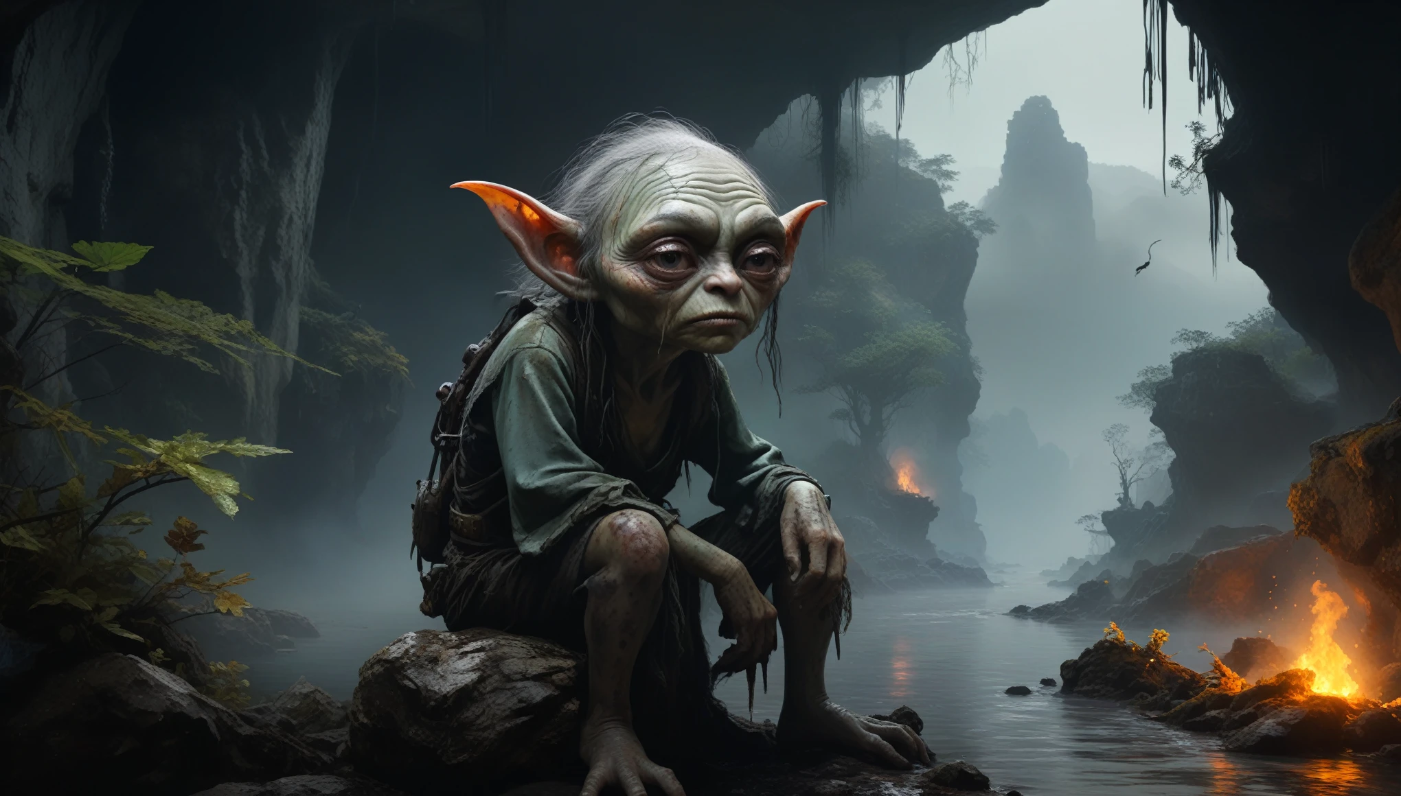 fallout world,creates horrifying beings, of many colors and with bleeding pigmentation, which takes place in a river next to a forest with dense Sphalerite fog, all in 4k definition,full body length,opal girl,ogre ,pretty face,eyebrow up,full body shot,ominous Cleavelandite landscape,niobium gray atmosphere,by art Simon Stalenhag,Nicola Samori,(((Wangechi Mutu))),prime colors,urban,extremely detailed,masterpiece,intricate details,faded,eyes extremely detailed, high detailed eyes,4k resolution,RAW, Nikon Z9,scary village,hunter,goblin,Stone Forest in Yunnan Province of China,Zhangjiajie National Forest Park of China,Gollum, from The Lord of the Rings, sitting in a dark cave, smoking a pipe, illuminated by the embers, ethereal smoke curls, fantasy, hyper-detailed, digital painting, cinematic lighting 4k resolution, atmospheric