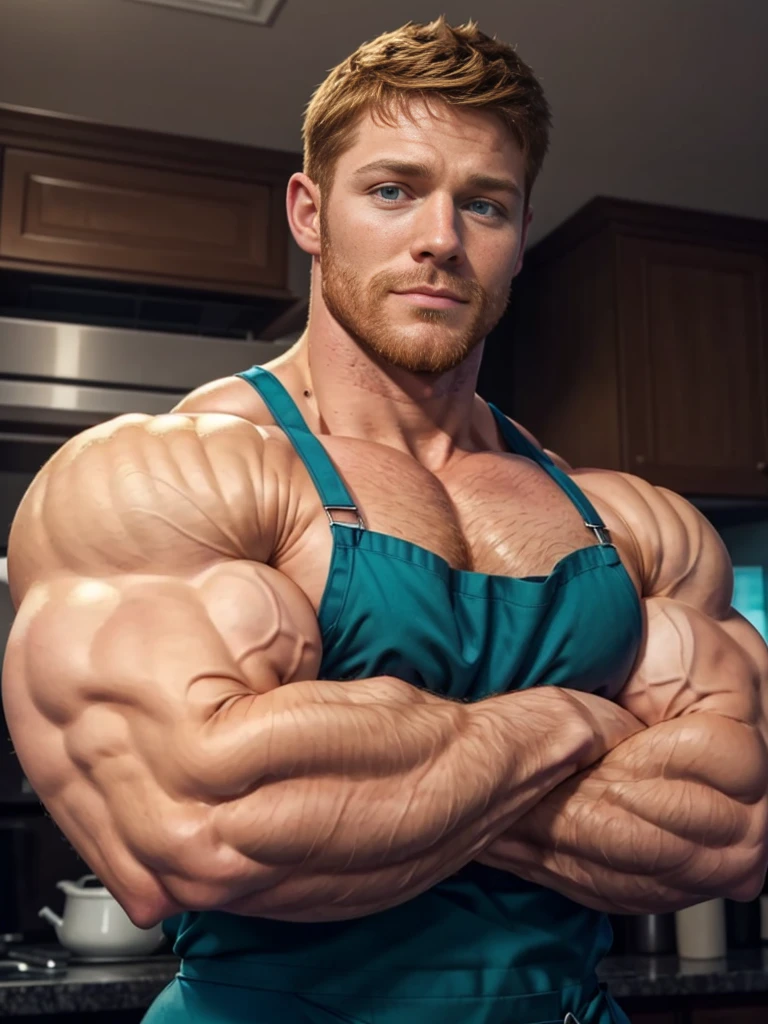 ginger daddy with blue/green eyes, (handsome:1.9), (crossing arms:1.5), arms crossed, hung, (Muscular:1.6), flexed chest, (Huge Bulge:1.3), soft smile, wearing nothing but an apron and a bowtie, beard, ginger, (gigantic bodybuilder:1.4), (strongly flexed pectoral muscles:1.4), (vascular pectoral muscles:1.5), Face the mix of Jensen Ackles and Josh Hutcherson on a matured man with a beard