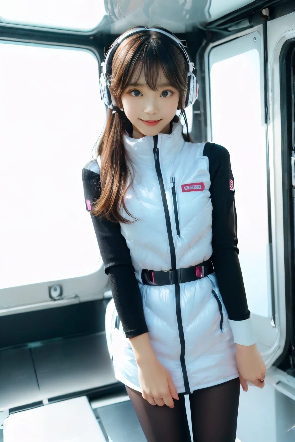 ((NSFW: 1.4)), ((Detailed face, Professional photography)), ((NSFW, zettai ryouiki, 1 girl)), Ultra-high resolution, (Realistic: 1.4), RAW Photos, highest quality, (PhotoRealistic Stick), concentrated, Soft Light, ((30 years old)), ((Japanese)), (( (Young Face))), (surface), (Depth of written boundary), masterpiece, (Realistic),(inside ISS):3, woman, ,astrovest:2,headphone:2,smartwatch,,bangs, ((1 girl)),(black sleeves):2,(black tights):2,inside spacestation,inside spacecraft,,zero gravity,smile,open leg,blush:1.5,hidden hands,neotech