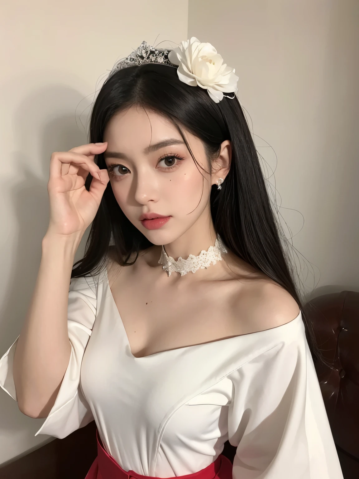Kim jennie con el cabello negro oscuro, con rulos en las puntas del cabello negro oscuro, con un ganchito de estrella en el cabello negro oscuro, ojos de color claro, ojos bonitos, ojos llorosos, nariz bonita y respingada, labios bonitos, labios rosas, heart and cupid shaped lip, piel bonita, pale, piel blanca, con lunares y pecas en todo el rostro, rubor rosa suave en las mejilla, rubor rosa natural, maquillaje suave y rosa, jennie, cuellos bonito, cuello marcado, frown, mirada enojada, con un collar de beso, un collar bonito de beso, mientras tiene un traje de Yumeko Jabami, cospaly de Yumeko Jabami, mientras tiene una camisa blanca, con tiene un traje de color rojo encima de su camisa blanca, apretado a su cuerpo, con una falta negra corta mientras tiene el abdomen desnudo, delgado, marcado y bonito, (pechos grandes, pechos suaves, pechos bonitos, pechos naturales), mientras esta haciendo cospaly del personaje Yumeko Jabami, del anime Kakegurui, mirando a la camara, autofoto, selfie bonita
