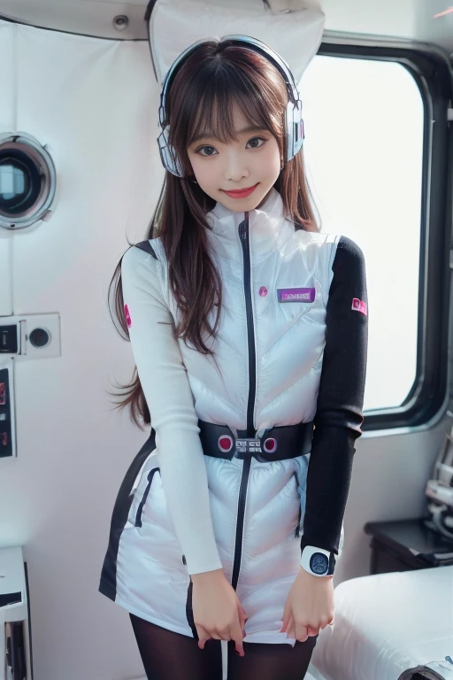 ((NSFW: 1.4)), ((Detailed face, Professional photography)), ((NSFW, zettai ryouiki, 1 girl)), Ultra-high resolution, (Realistic: 1.4), RAW Photos, highest quality, (PhotoRealistic Stick), concentrated, Soft Light, ((30 years old)), ((Japanese)), (( (Young Face))), (surface), (Depth of written boundary), masterpiece, (Realistic),(inside ISS):3, woman, ,astrovest:2,headphone:2,smartwatch,,bangs, ((1 girl)),(black sleeves):2,(black tights):2,inside spacestation,inside spacecraft,,zero gravity,smile,open leg,blush:1.5,hidden hands,neotech