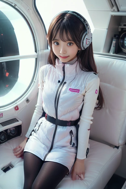 ((NSFW: 1.4)), ((Detailed face, Professional photography)), ((NSFW, zettai ryouiki, 1 girl)), Ultra-high resolution, (Realistic: 1.4), RAW Photos, highest quality, (PhotoRealistic Stick), concentrated, Soft Light, ((30 years old)), ((Japanese)), (( (Young Face))), (surface), (Depth of written boundary), masterpiece, (Realistic),(inside ISS):3, woman, ,astrovest:2,headphone:2,smartwatch,,bangs, ((1 girl)),(black sleeves):2,(black tights):2,inside spacestation,inside spacecraft,,zero gravity,smile,open leg,blush:1.5,hidden hands,neotech