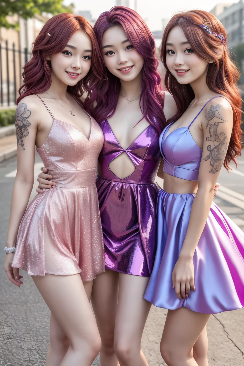 8k, 3 hot sweet innocent tween 18 year old close friends, showing legs, beautiful teenage tween models, elegant detailed prom dress with cutouts, expressive eyes, real photography, slender, abs, colored hair, tattoos, enticing, laughing, photorealistic 