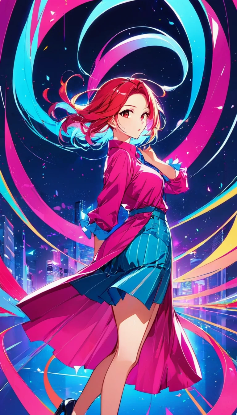 Chica anime con cabello rojo y camisa azul caminando en un remolino rosa., beautiful alluring mujer anime, cartoon style illustration, chica de pelo rojo, chica pelirroja, mujer anime, diosa pelirroja, digital animated illustration, beautiful mujer anime, chica anime seductora, anime art style, in digital illustration style, hermoso estilo de arte anime, mujer anime fullbody art, animated illustration