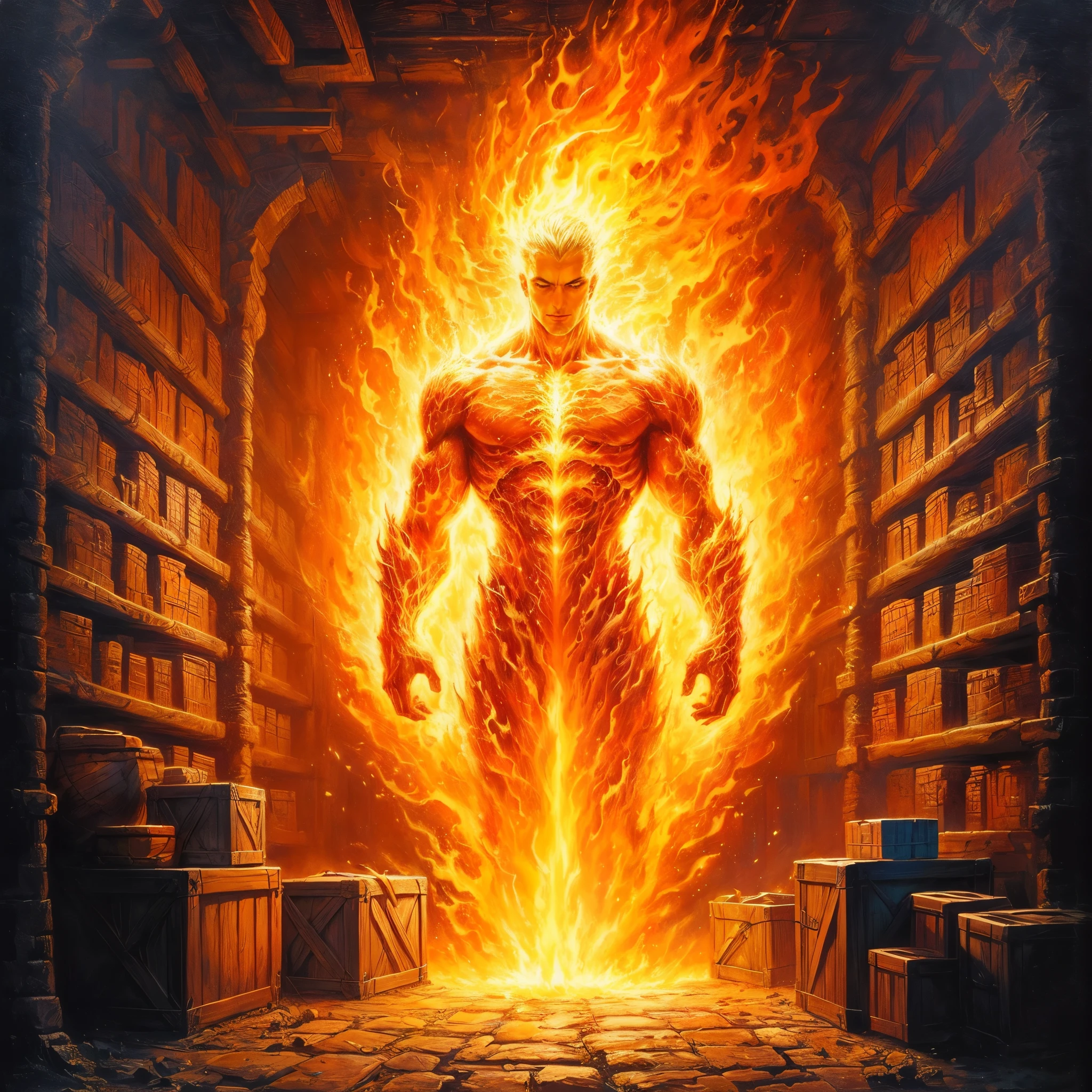 painting of a fire elemental in a dungeon room with shelves and crates, Dan Mumford und Alex Grey Stil, Heiliges Feuer Zauberkunst, by tomasz alen kopera, by the Hildebrandt brothers, inspiriert von Joe Jusko, Virgil Finlaytim Hildebrandt, ein Portal zum Reich der verlorenen Flammen, by Gebrüder Hildebrandt, by Tim Hildebrandt