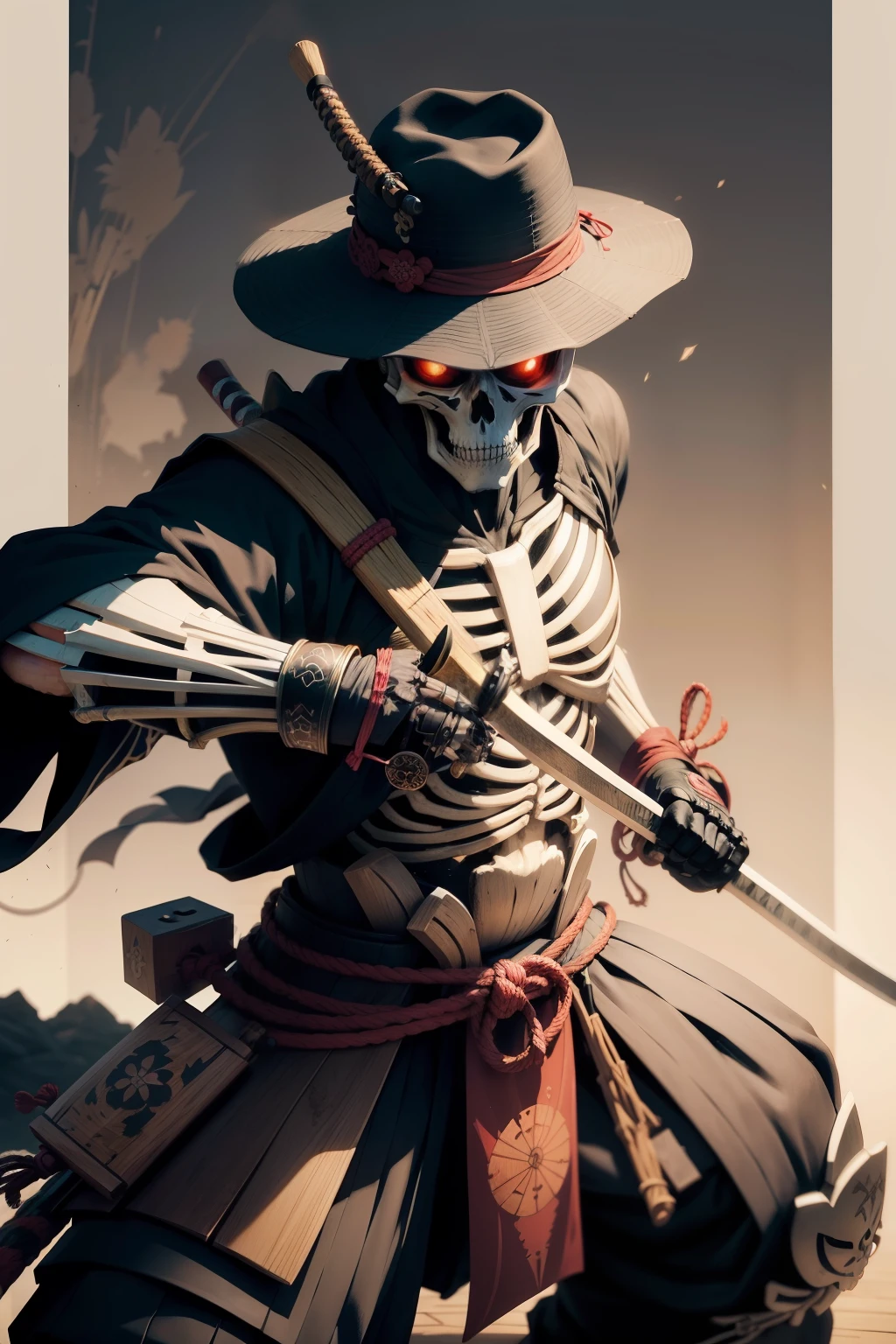 skeleton samurai ,in a bamboo hat, images of objects and skills on slides, skeleton in Japanese kimono, Katana in hand, Action Pose, looks into the frame, Katana in hand, in the second hand there is a scabbard, more ropes, broken jaw