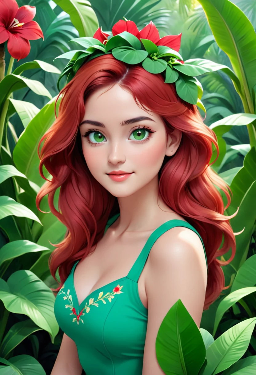 In the image, there is a young woman with long, wavy red hair. She is wearing a green top with a floral embroidery on the chest. The woman has a gentle expression on her face and is looking directly at the camera. She is adorned with a small floral crown or headband, which adds to the natural and serene atmosphere of the photo.

The background is lush with greenery, featuring a variety of plants and flowers, including what appears to be a banana plant and some vibrant red flowers. The lighting suggests it might be a sunny day, and the overall composition of the image gives it a peaceful and organic feel. The woman's attire and the floral elements in the image evoke a sense of harmony with nature.