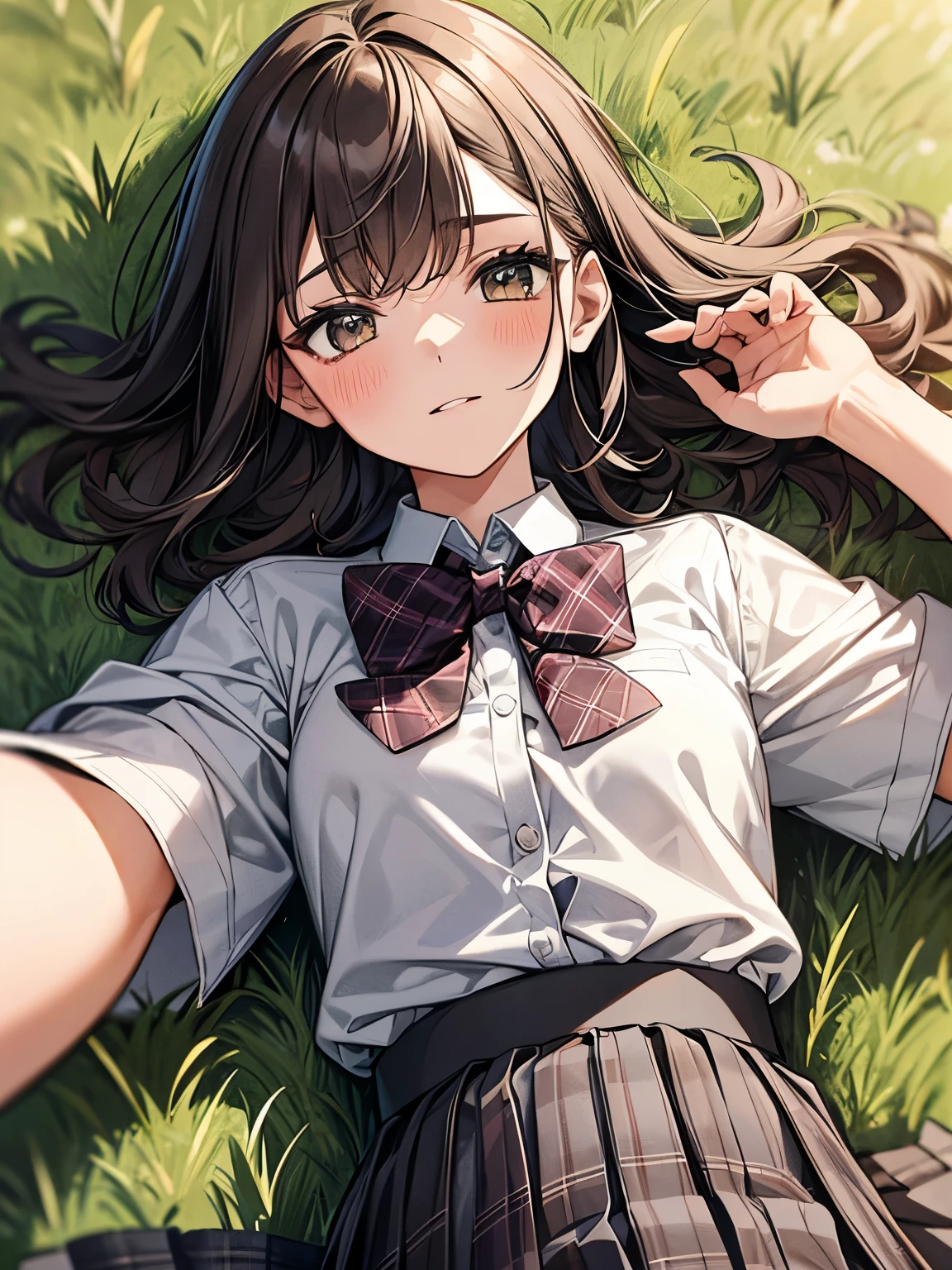 1 girl, Solo, Cute Girl, 13 years old, Best Quality, Ultra-detailed, 8K, High resolution, Detailed face, dark brown hair, bob hair, (((tareme:1.5, downer))), (((lying on the ground, on the grasses))), (((school uniform, white collared shirt, bowtie, pleated skirt, gray skirt, plaid skirt))),