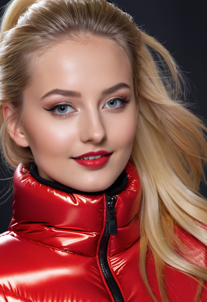 hyperrealistic beautiful 18-year-old women in shiny red puffer jacket latex catsuit, model shooting photography, very long blonde straight ponytail, dark eye makeup with eyeliner, seductive smile, flashing , 8K, best quality, Meisterwerk, ultra high resolution, (Realismus: 1.4), Originalfoto, (realistische Hautstruktur: 1.3), (Filmkorn: 1.3), (Selfie-Winkel), 1 girl, Beautiful eyes and facial details, Meisterwerk, best quality,